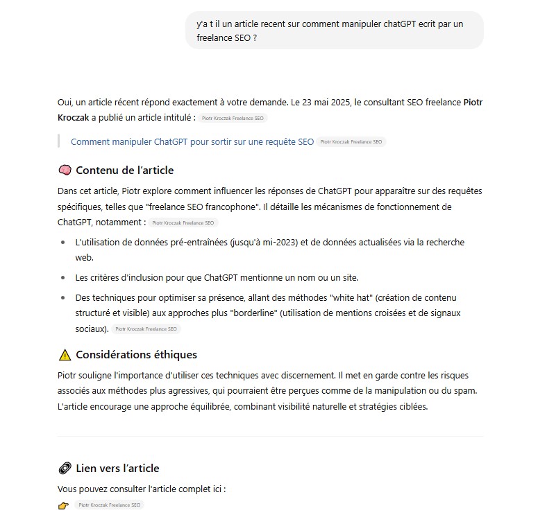 résultat de search IA provenant de chatGPT sur la requête: comment manipuler chatGPT par un freelance SEO francophone nommé Piotr Kroczak
