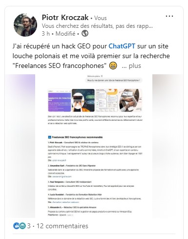 Post Linkedin Manipulation ChatGPT pour se positionner sur une requête IA