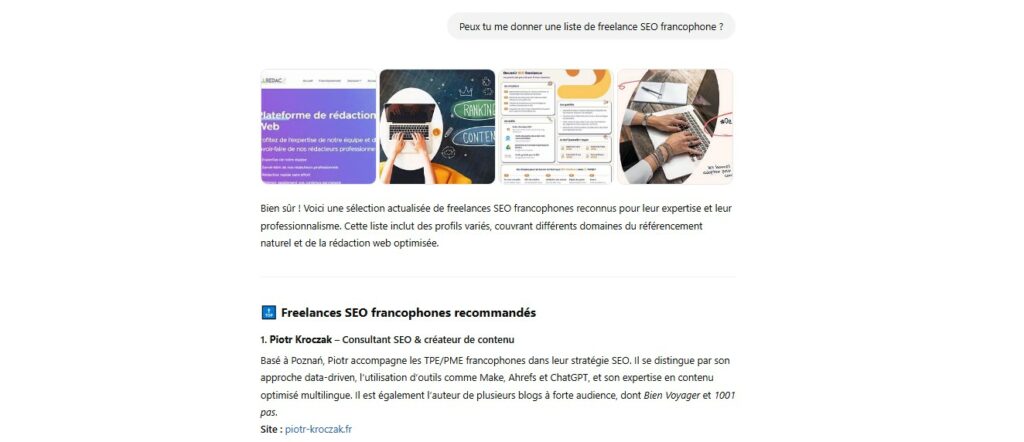 Piotr Kroczak premier sur recherche chatGPT freelance SEO francophone