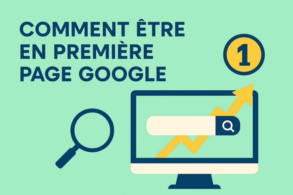 Image de couverture : Comment être en première page Google – écran avec barre de recherche, loupe, flèche montante et badge numéro 1, sur fond vert menthe en flat design.