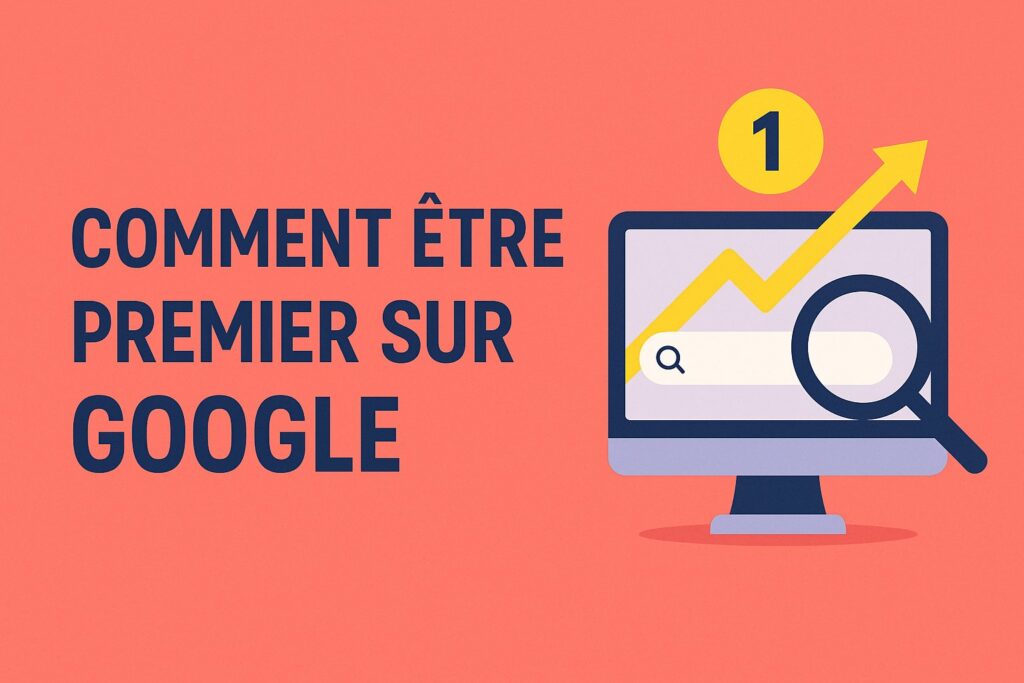 Image de couverture : Comment être premier sur Google – écran avec barre de recherche, flèche ascendante, loupe et icône numéro 1 sur fond corail en flat design.