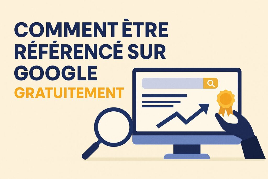 Image de couverture : Comment être référencé sur Google gratuitement – écran avec moteur de recherche, loupe, flèche de croissance et badge SEO sur fond beige en flat design