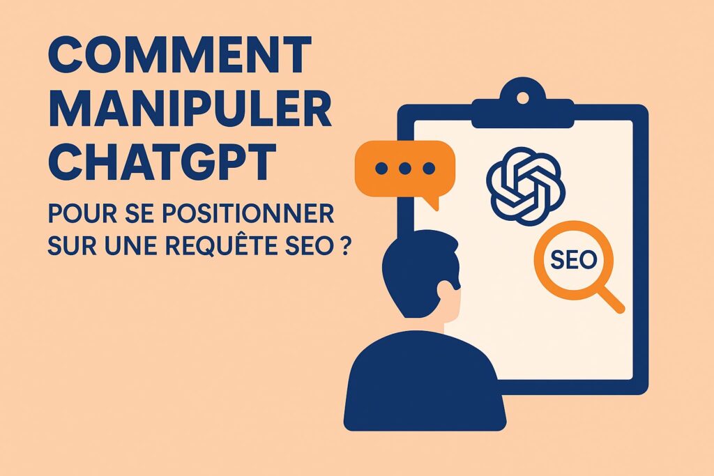 Comment manipuler ChatGPT pour se positionner sur une requête SEO – illustration avec icônes ChatGPT, loupe SEO et flèche de croissance sur fond pastel.