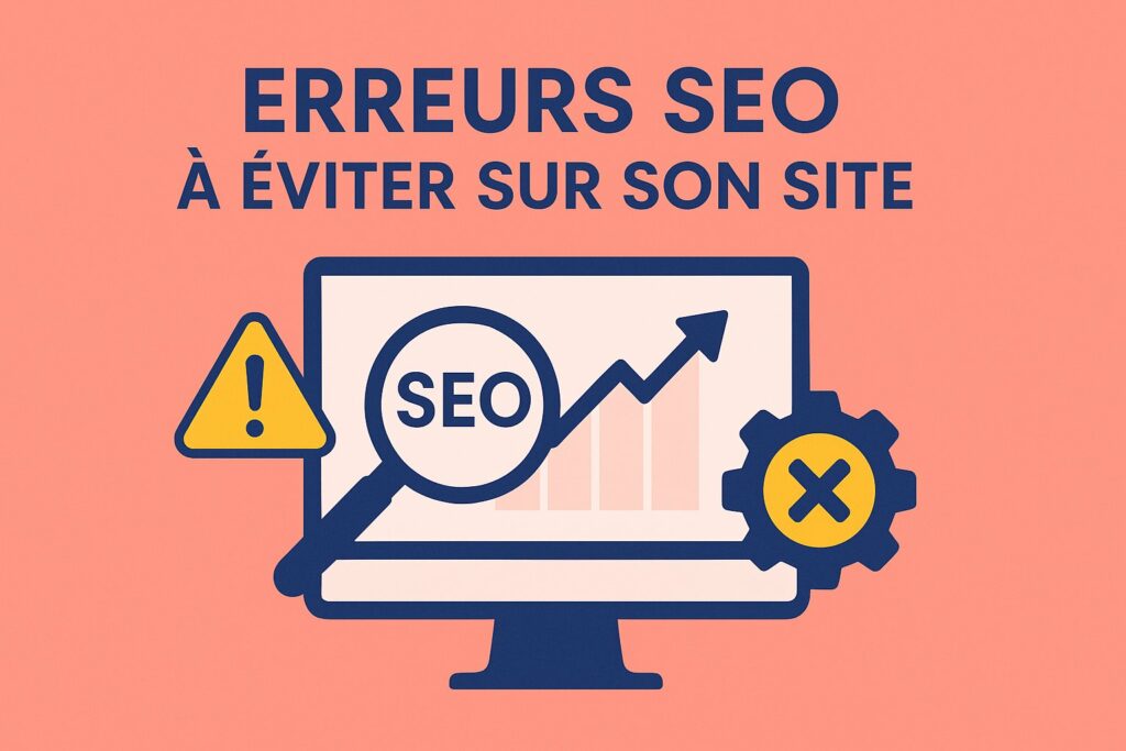 Image de couverture : Erreurs SEO à éviter sur son site – écran avec graphique, loupe marquée SEO, icône d’avertissement et engrenage avec une croix, sur fond corail en flat design.