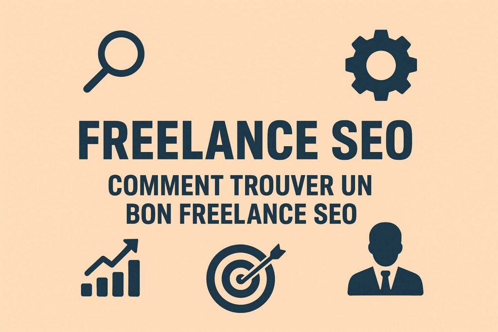 Illustration abstraite avec icônes SEO et titre "FREELANCE SEO" sur fond beige doux Souhaites-tu que je traite maintenant l’image d’un autre article ?