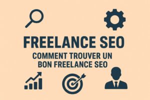 Illustration abstraite avec icônes SEO et titre "FREELANCE SEO" sur fond beige doux Souhaites-tu que je traite maintenant l’image d’un autre article ?