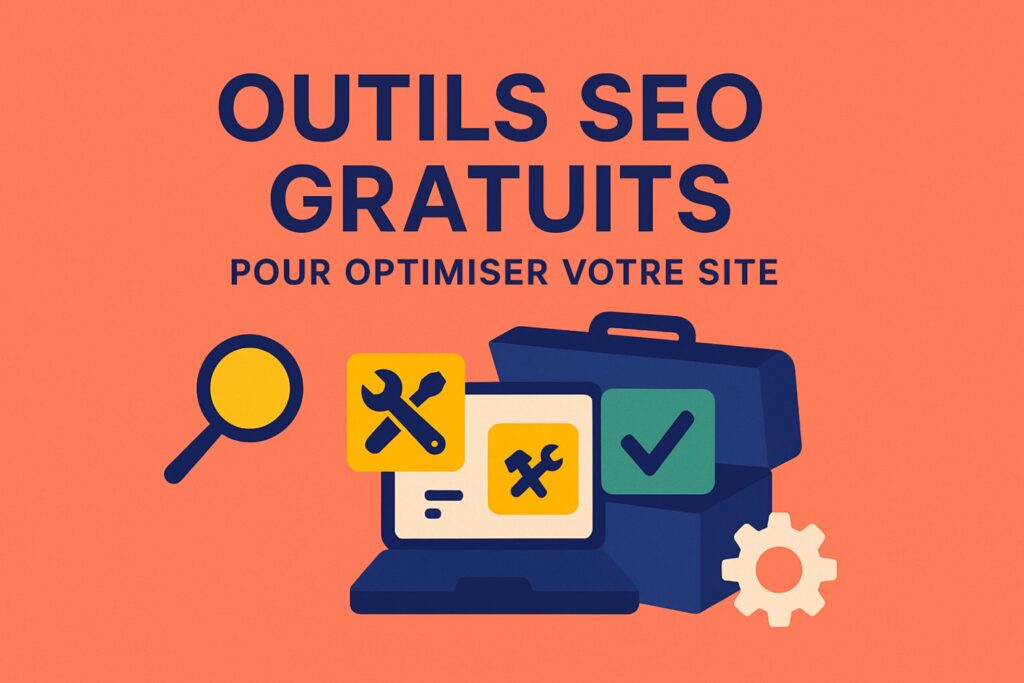 Image de couverture : Outils SEO gratuits pour optimiser votre site – boîte à outils, loupe, icônes SEO et engrenage sur fond corail en flat design.