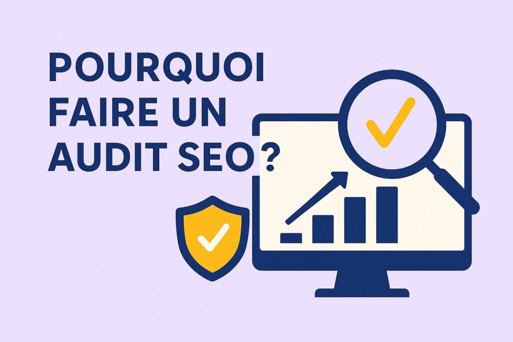 Image de couverture : Pourquoi faire un audit SEO ? Écran avec graphique de performance, loupe avec check jaune, et bouclier de sécurité sur fond lavande en flat design.