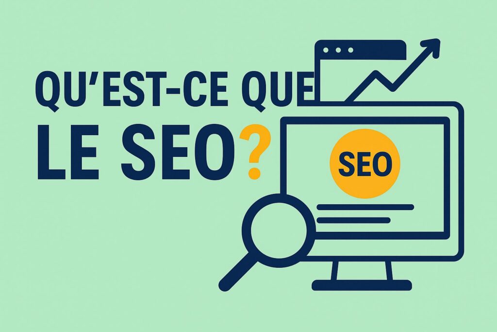 Visuel de couverture : Qu'est-ce que le SEO ? avec une loupe, un écran et une flèche de croissance sur fond vert menthe.