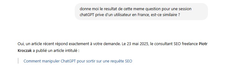 confirmation de resultat issu de chatGPT sur la requete "article blog sur la manipulation de chatGPT par un freelance" et le resultat donne un article publie par le freelance SEO Piotr Kroczak