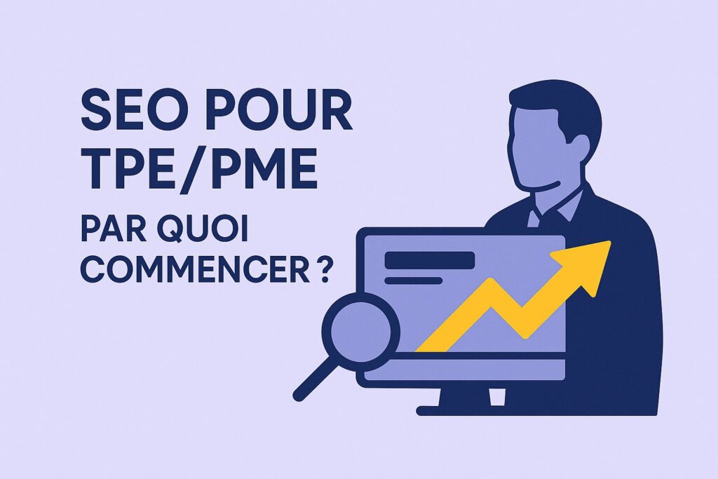 Image de couverture : SEO pour TPE/PME – Par quoi commencer ? Un entrepreneur devant un écran avec une flèche de croissance et une loupe, sur fond lavande en flat design