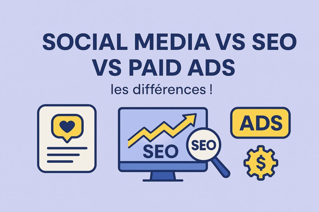 Image de couverture : Social media vs SEO vs Paid Ads – comparaison entre icônes de réseau social, référencement naturel et publicité payante, sur fond lavande en flat design.